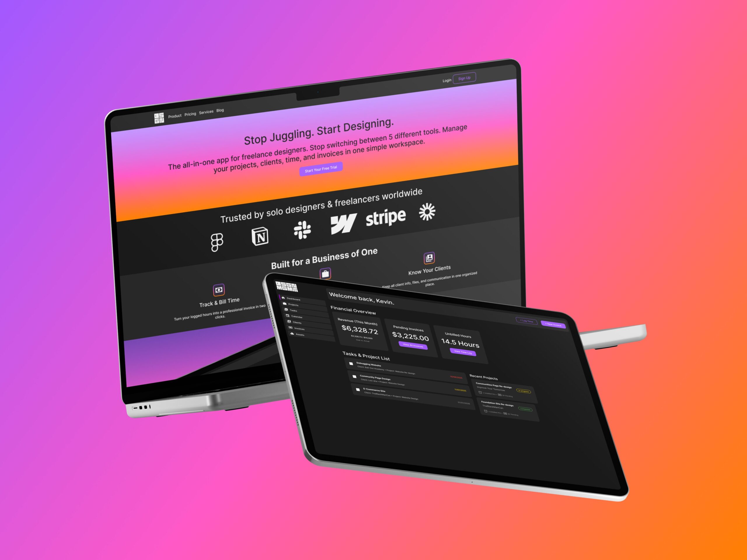 Laptop and tablet displaying the BLPRNT app by DSGN MGMT, an all-in-one platform for freelance designers to manage projects, time tracking, and finances, with a colorful gradient background.